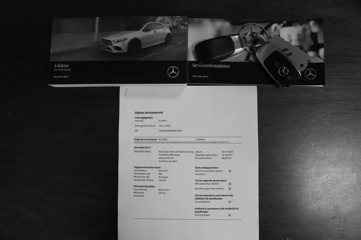 250 e AMG Line Plug in hybride*Perfect MB Onderh.*BTW*1ste Eig.*Apple Carplay-Android/High Perf. Koplamp./Diamond Grille/DAB/Stoelverw./Half Leder/Parkeersens.V+A/18 inch LM*
