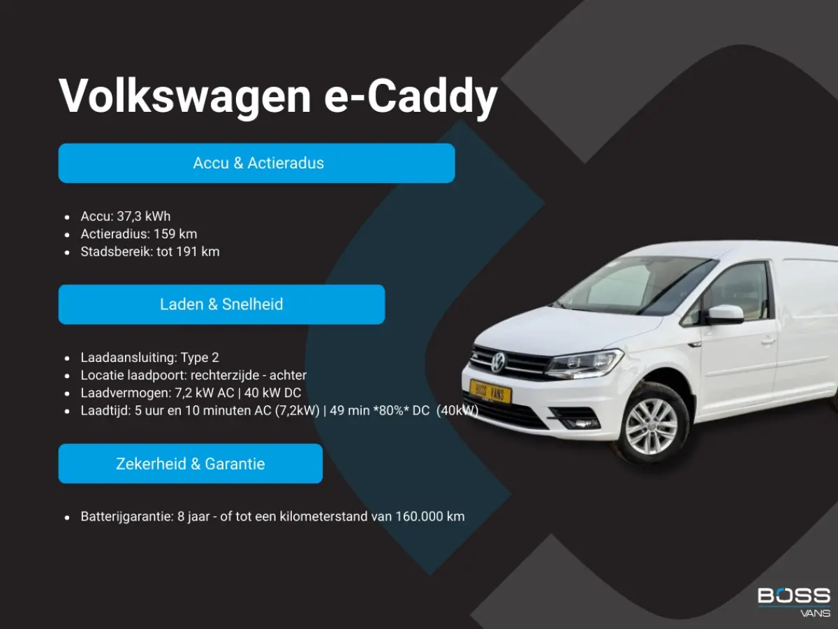 e-Caddy 37kWh 113PK L2H1 Elektrisch Caddy ABT Maxi 37,3kWh 159km WLTP Trekhaak Airco Stoelverwarming Parkeersensoren