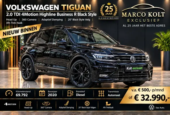 2.0 TDI 4Motion Highline Business R Black Style / Head Up / 360 Camera / Adaptief Demping / 20" Black Style Velg / Afn Trek Haak / CarPlay / Digi Dash / Afn Trekhaak / Privacy Glas / Navigat