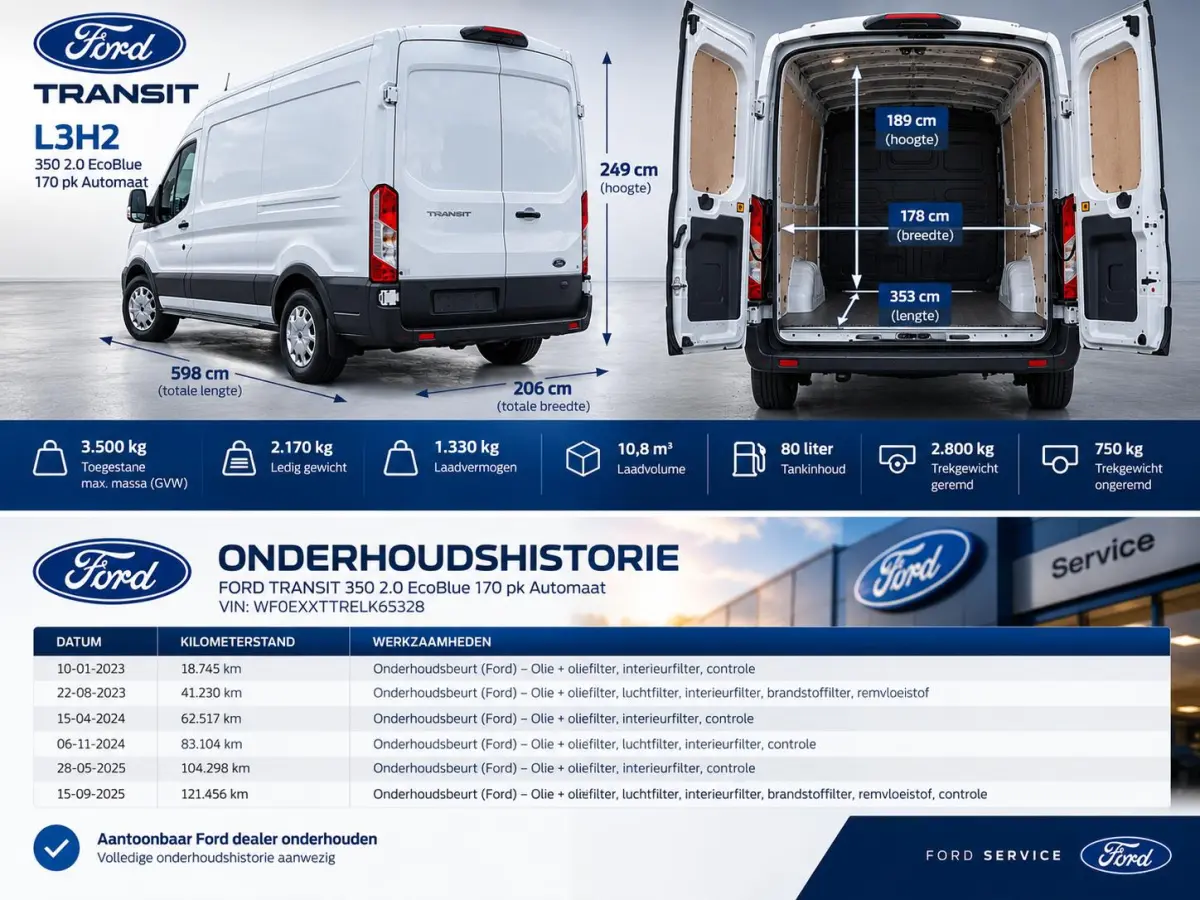 350 2.0 TDCI L3H2 Trend 170PK Automaat PDC VA+Camera Carplay Navi BLIS Cruise Control Airco Voorruitverwarming